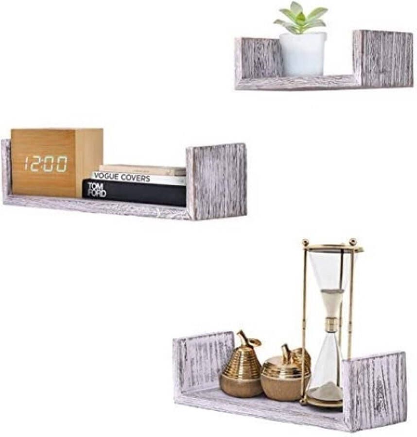 Comfify Rustieke U-vormige drijvende rek in vintage design-set van 3-schroeven en pluggen inbegrepen-landhuis houten planken voor slaapkamer woonkamer en meer-rustieke design-blauw
