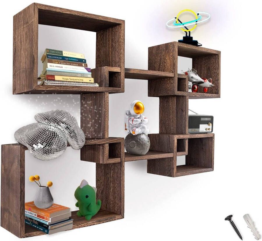 Comfify Rustieke vierkante zwevende planken voor wandmontage-Set van 5 vierkante planken voor badkamers en meer-inclusief schroeven en pluggen-bruin
