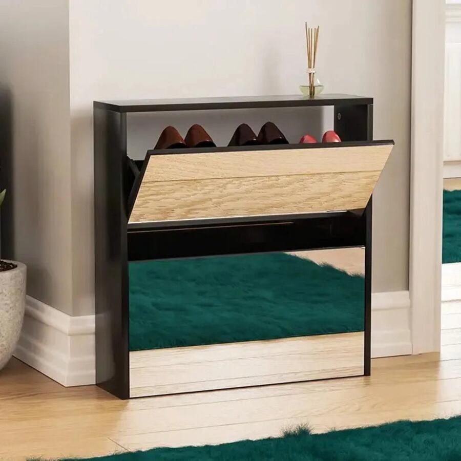 Como Piano Schoenenkast Met Spiegel Schoenenrek 2 Laags Kast Zwart