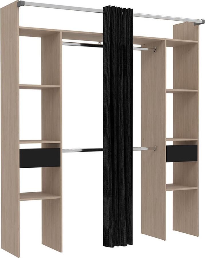 Concept-U Houten dressing met zwart gordijn en 2 kasten 6 planken en 2 laden ELYSEE