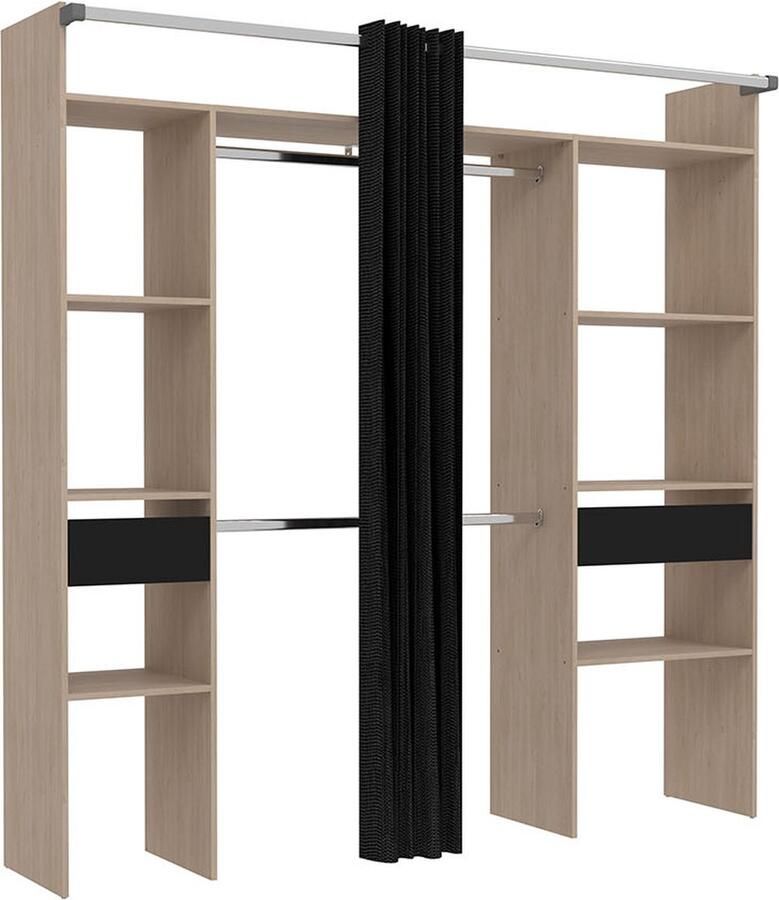 Concept-U Houten dressing met zwart gordijn en 2 kasten 6 planken en 2 laden ELYSEE