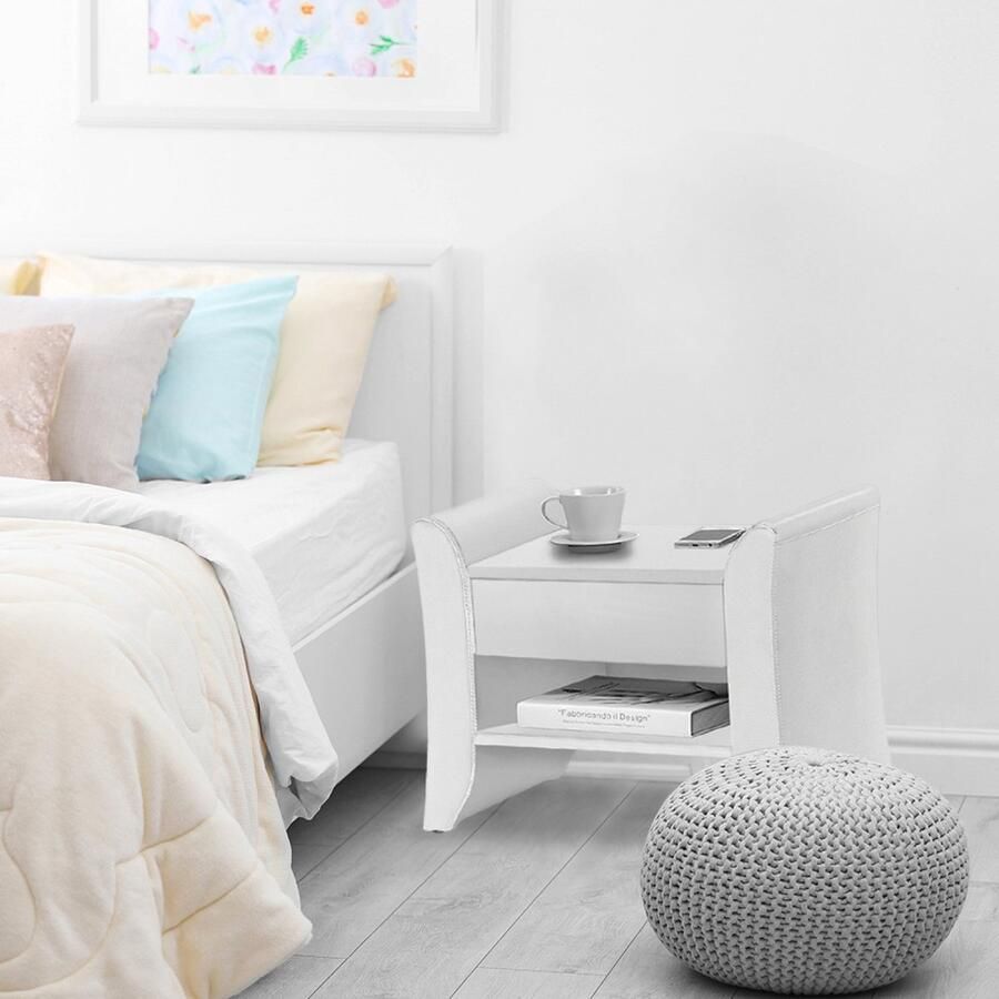 Concept-U Linden wit: nachtkastje in wit kunstleer met 1 lade en 1 legplank