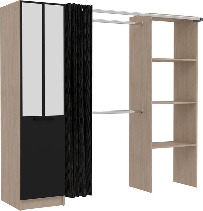 Concept-U Wood industriële kleedkamer met zwart gordijn en 2 kasten en 6 planken NICE