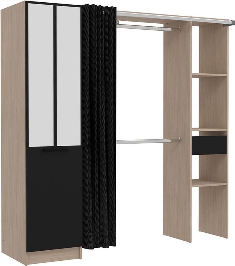 Concept-U Wood Industriële kleedkamer zwart gordijn 2 kasten 6 planken en 1 zwarte lade NICE