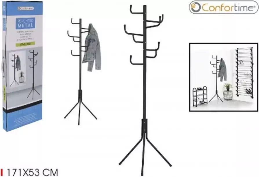 Confortime Kapstok Staand 8 Haken Lichtgewicht 171*53 CM Eenvoudig Montage Metaal Zwart