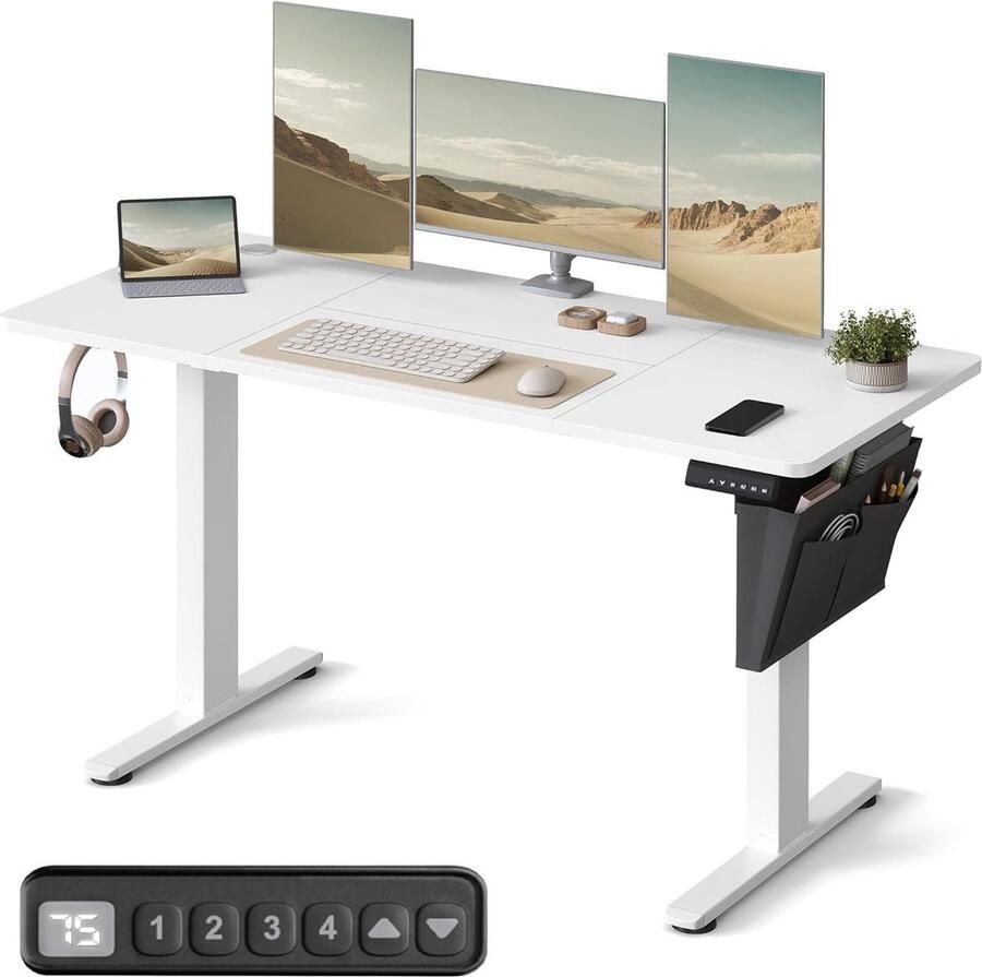 Conway Living Elektrisch verstelbaar zit sta Bureau – Wit – 60×140 cm Hoogte verstelbaar (72-120)cm Memory voor 4 hoogtes