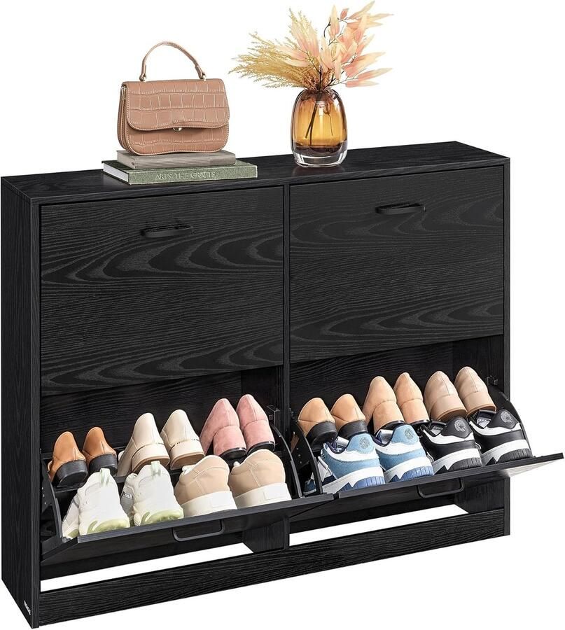 FurnStar -Schoenenkast met 4 Kleppen Schoenenrek met Verstelbare Schappen Voor 16-28 Paar Smal & Ruimtebesparend Met Kantelbeveiliging 24 x 105 5 x 82 7 cm Ebbenhout Zwart