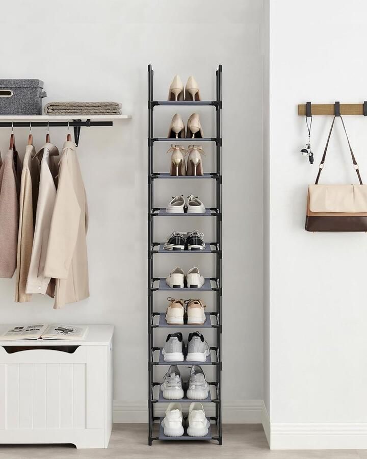 Conway Living Schoenenrek Schoenenbank 10 niveaus Open Schoenenkast Opbergkast van Schoenen Industrieel Smal en Hoog 33 x 33 x 173 cm Metalen Zwart Frame Grijs