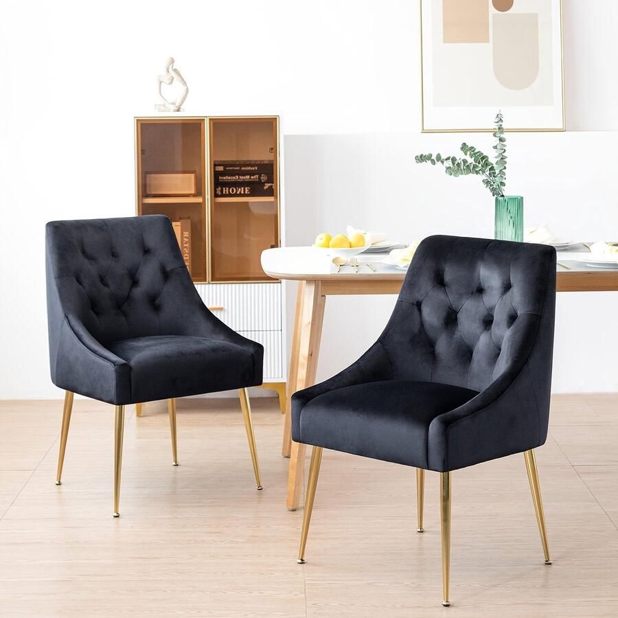 Corenia Eetkamerstoelen – Dining Stoelen – Velours Stoelen – Zwarte Stoelen – Set Van 2 – Comfortabele Zitting – Stevig Metalen Frame