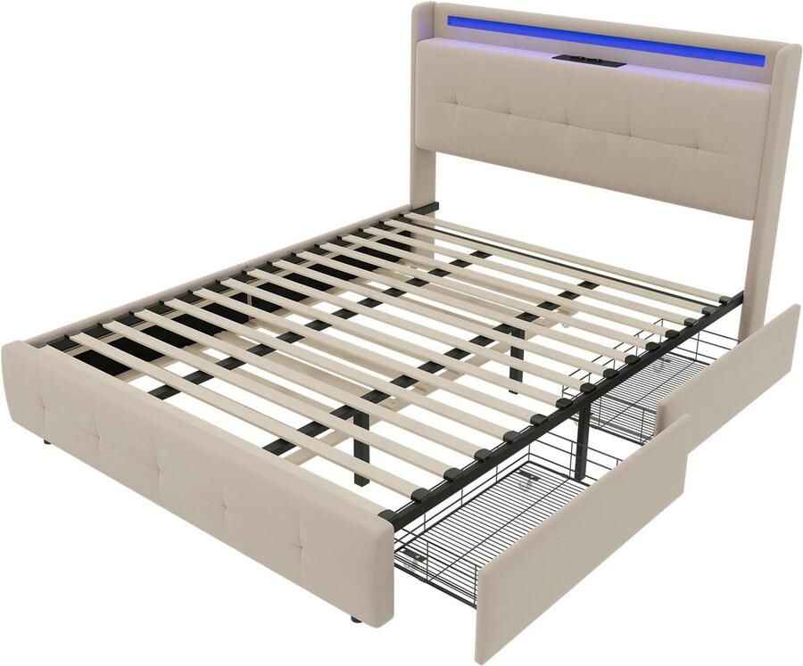 Corenia 2-persoonsbed – Tweepersoonsbed – Bed Met Opbergruimte – Slaapbank – Led Bed – Met USB Oplaadpoort – Stijlvol Met Metaal En Composite Stof – 222x168 5x113 cm