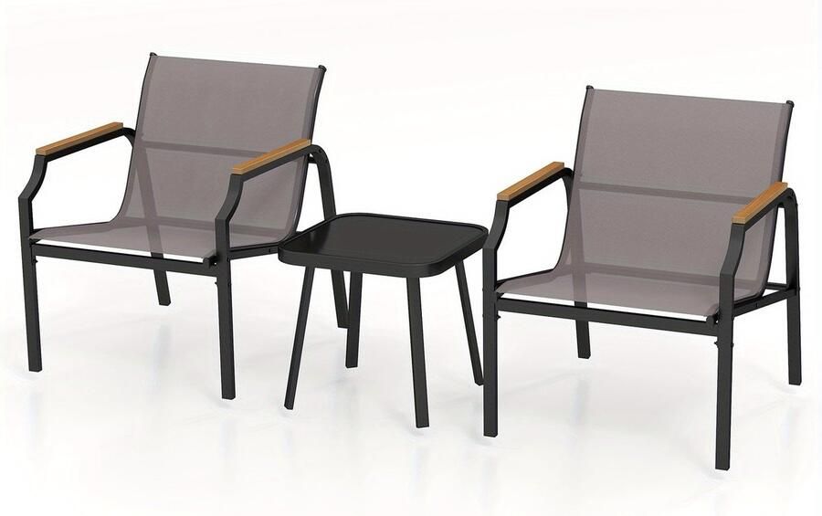 Corenia 3-delig Tuinset – Tuinstoel – Balkonmeubel – Terrasstoel – Bijzettafel – Metalen Frame – Ademend Snel Droog Stof – Hout-Kunststof Armleuningen