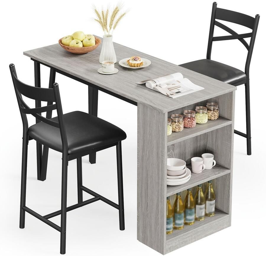 Corenia 3-delige Bar Tafel Set – Bartafel Set – Barmeubel – Bistrotafel – Eettafel Compact – Opklapbaar Tafelblad – Met Opbergruimte – Grijs – Ruimtebesparend – Stevig Houten Ontwerp