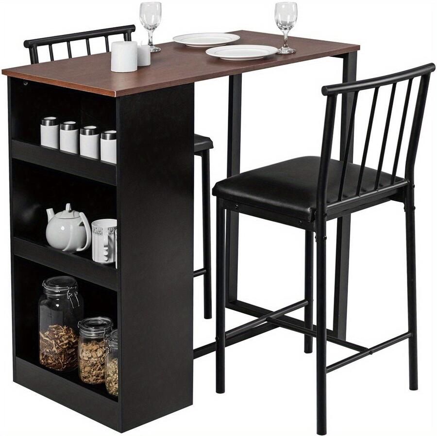 Corenia 3-delige Eetkamerset – Eettafel Set – Eetkamer Meubel – Compacte Tafel – Opbergtafel – Met 3-zijdige Opbergruimte – 2 Comfortabele Stoelen – Stevig IJzeren Frame – Kunstleren Bekleding