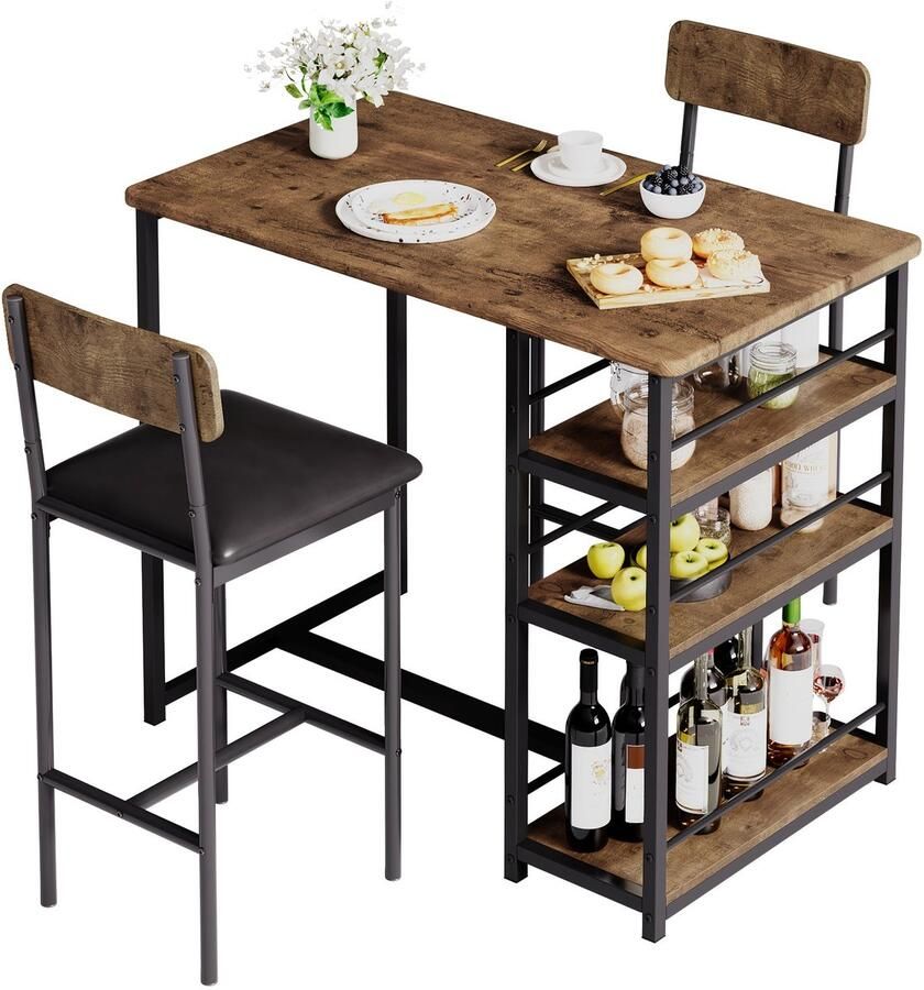 Corenia 3-delige Eettafelset – Eetkamertafel – Keukentafel – Bistroset – Tafeltje Met Stoelen – Ruimtebesparend Ontwerp – Stabiel Metalen Frame – Compact Bruin Zwart