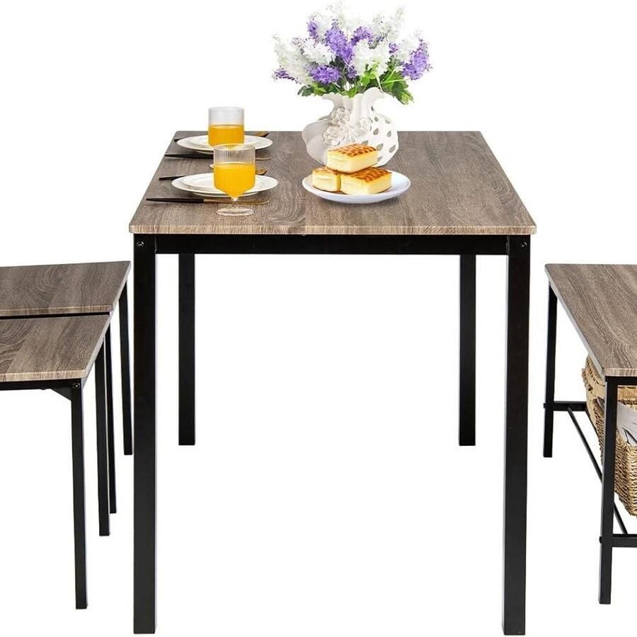 Corenia 4-delige Eettafelset – Eettafel Met Stoelen – Bank Met Opbergruimte – Industriële Eetkamer Set – Grijs – Ruimtebesparend Ontwerp – Stevig Metalen Frame