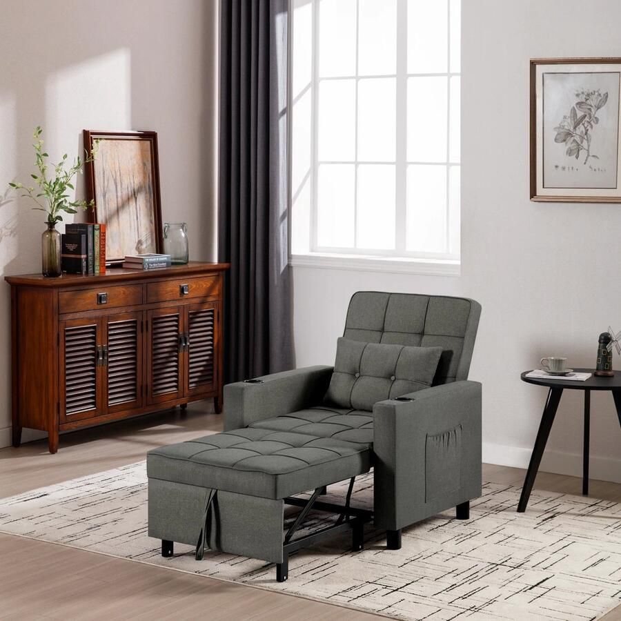 Corenia 4-in-1 Slaapstoel – Slaapfauteuil – Relaxstoel – Ligstoel – Slaapbank – Verstelbare Rugleuning – Donkergrijs Linnen