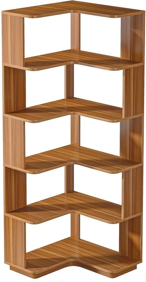 Corenia 6-laags Hoekboekenplank – Hoekrek – Boekenplank – Opbergrek – Wandrek – Walnotenhout Design – 164 85 cm Hoog – Anti-Val Panelen