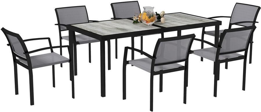 Corenia 7-delige Tuinset – Buiten Eettafelset – Tuinmeubelset – Balkonset – Stapelbare Stoelen – Grijs – Kunststof Tafelblad Met Houtlook – Weerbestendig Stalen Frame