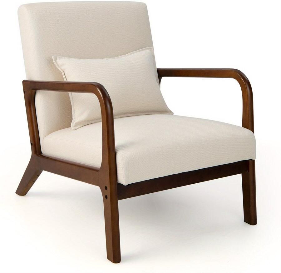 Corenia Accentstoel – Fauteuil – Relaxstoel – Lounge Chair – Leunstoel – Met Lendenkussen – Rubberhouten Frame – Beige – Ergonomische Rugleuning – Zachte Schuimzitting