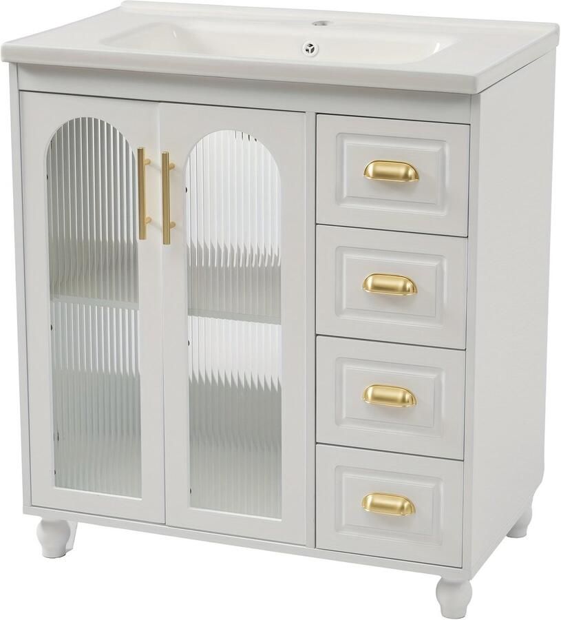 Corenia Badkamermeubelset – Badkamermeubel – Wastafelmeubel – Badmeubel – Wastafelonderkast – 80 cm breed – Inclusief keramische wastafel – Wit vochtbestendig materiaal