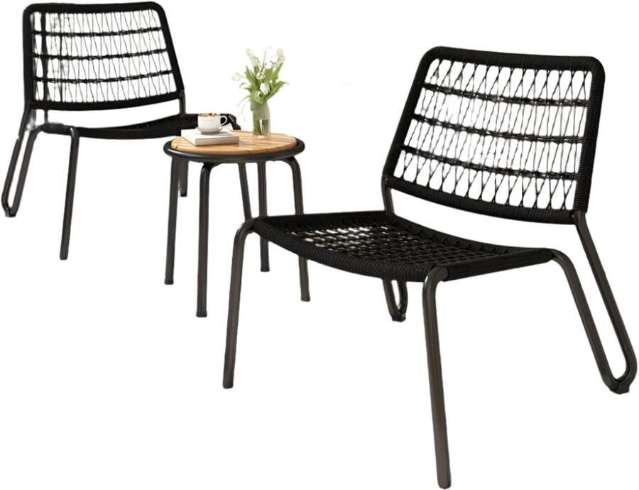 Corenia Balkonset – Balkonmeubelset – Tuinset – Terrasmeubels – Verzend Staal Frame – UV-Bestendig Rope – Massief Acaciahouten Tafel Capaciteit 160kg Zwart