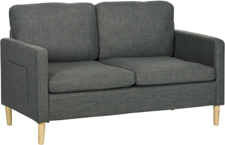Corenia Bankstel – 2-Zitsbank – Zitbank – Sofa – Loveseat – Scandinavisch Design – Grijze Linnenlook Stof – Met Opbergvakjes Armleuningen – Massief Beukenhouten Poten