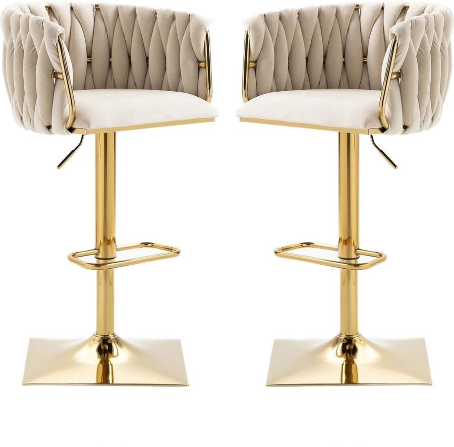 Corenia Barkruk – Barstoel – Keukenstoel – Draaiende Kruk – Verstelbare Hoogte – Metalen Frame – Velours Bekleding Ivoor