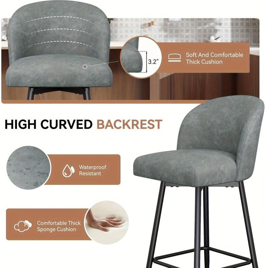 Corenia Barkrukken – Barkruk – Barstoel – Counter Stool – Keukenkruk – Set Van 2 – PU Leren Zitting Met Memory Foam – 360° Draaibaar Met Metalen Frame – Zithoogte 66 cm – Hoog Rugleuning