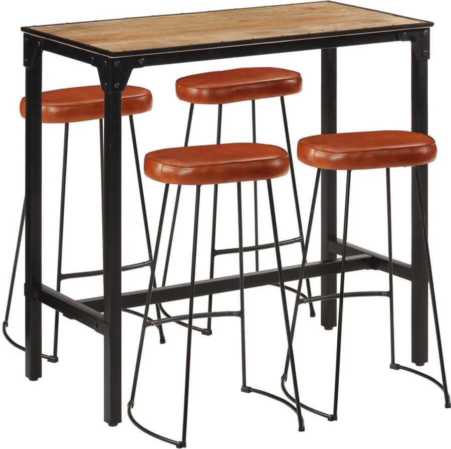 Corenia Barset – Barkrukken – Bar Stoelen – Bistro Set – Keukenbar Set – Massief Mangohout – Industrieel Metalen Frame – Comfortabele Zitting – Kunstleer Bekleding – Bruin