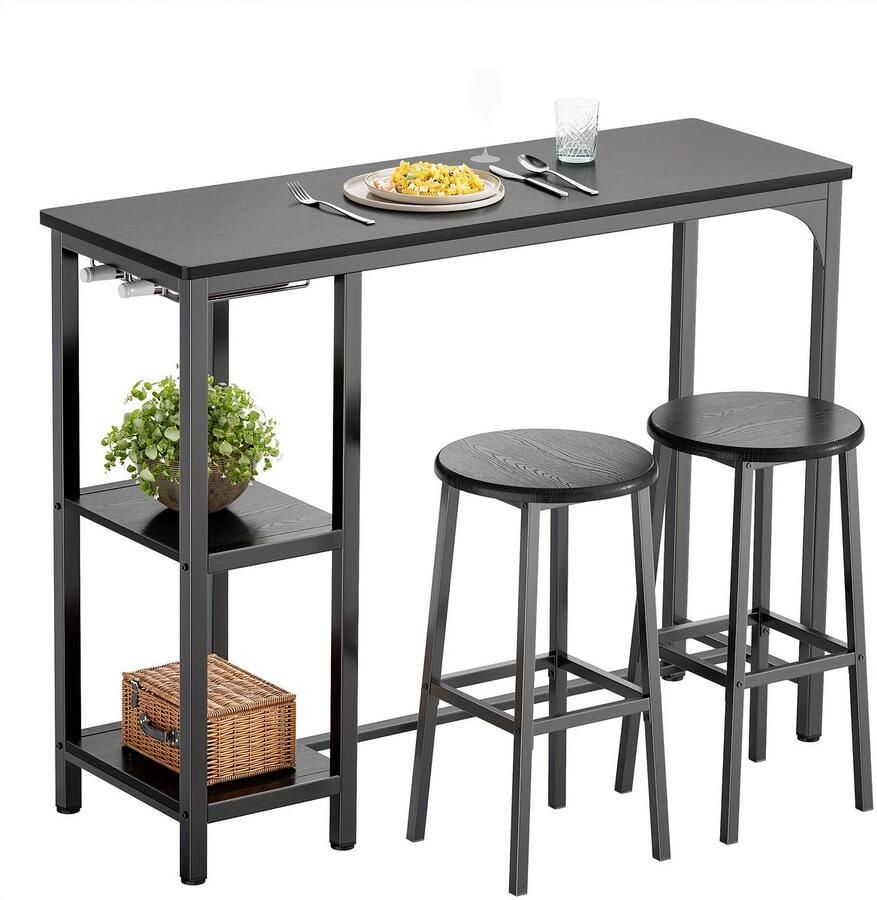 Corenia Barset – Barkrukken – Bartafel – Barlounge – Industrieel Meubel – Zwart Gietijzer Frame – Massief Houten Blad – Opberglade En Glashouder