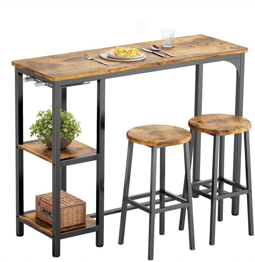 Corenia Barset – Barkrukken – Bartafel – Barmeubel – Bistroset – Industrieel Design – Houten Tafelblad – Zwart Gietijzeren Frame