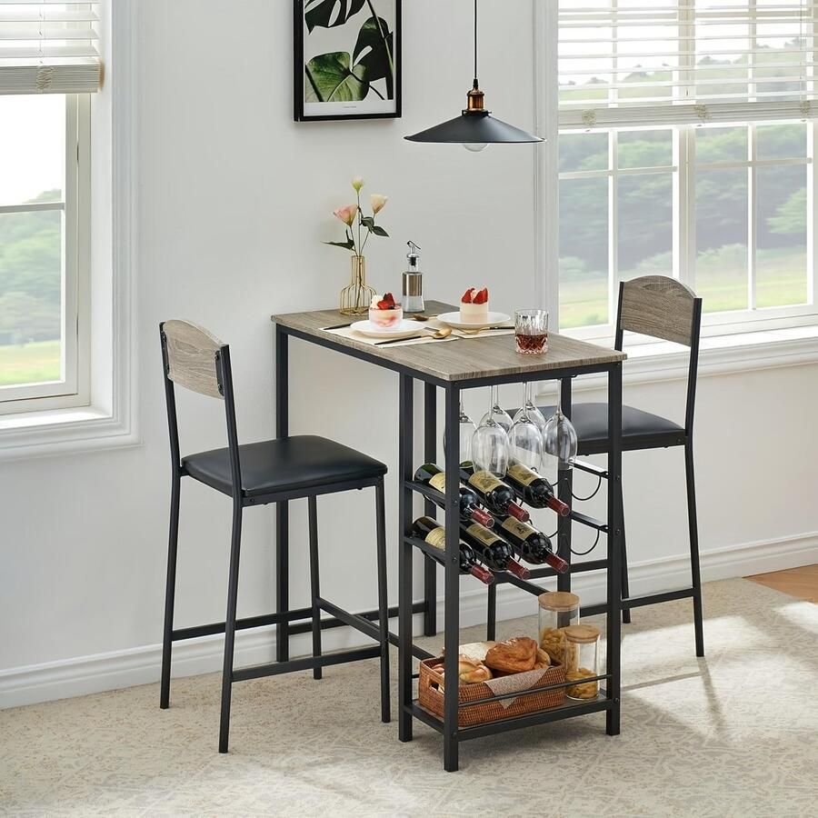 Corenia Barset – Bartafelset – Barmeubel – Barkrukset – Barstoelen – Grijs – Compact Design – Stevig Metaal En Hout