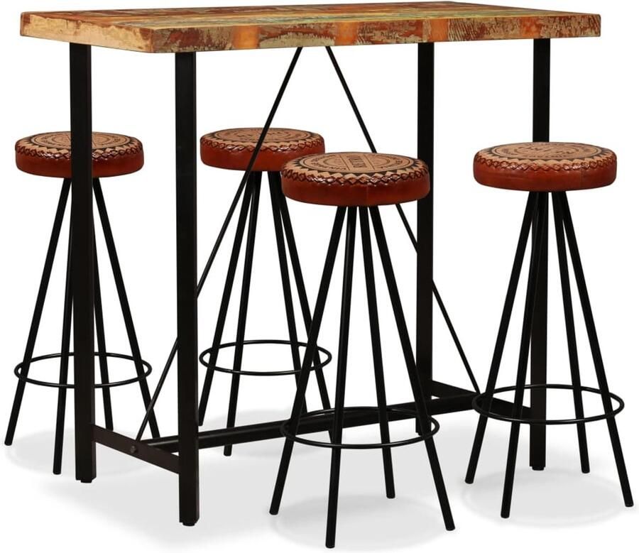 Corenia Barset – Tuinbarset – Bistroset – Tuinmeubelset – Barstoelen – Massief Gerecycled Hout – 4 Barkrukken Met Leer En Canvas