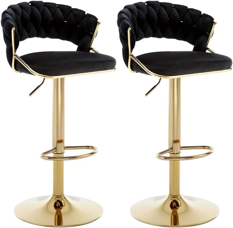 Corenia Barstoel – Barkruk – Barkrukken – Barstoel Set – Barkrukken Set – Verstelbaar – Velvet Bekleding Met Gevlochten Open Rug – Gouden Metalen Onderstel