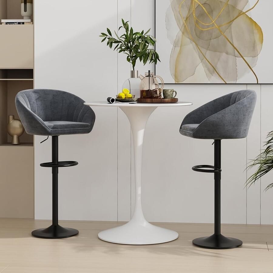 Corenia Barstoel – Barkruk – Barkrukken – Barstoelen – Keukenstoel – Fluwelen Bekleding – Verstelbare Zithoogte – Draaibaar – Set van 2 – Grijs