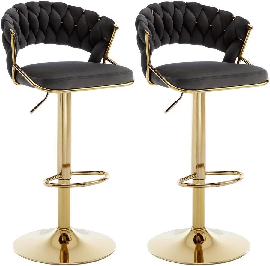 Corenia Barstoel – Barkruk – Barstoel Kruk – Barkrukken – Barstoelen – Verstelbaar – Velvet Met Gouden Metalen Onderstel – Set Van 2 – Geweven Rugleuning