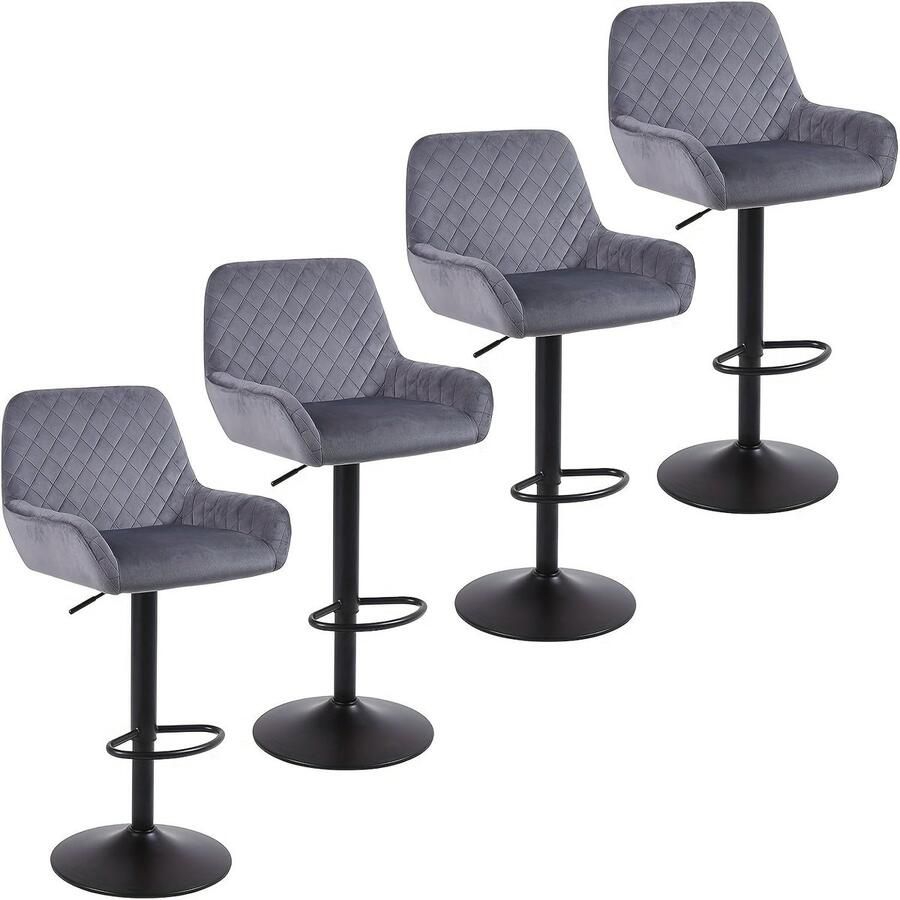 Corenia Barstoel – Barkruk – Barstoel Kruk – Barstoel Stoel – Barstoel Barkruk Set – Set Van 4 – Verstelbaar – 360° Draaibaar – Velvet – Met Rugleuning En Armleuningen – Max. 150 kg – Grijs