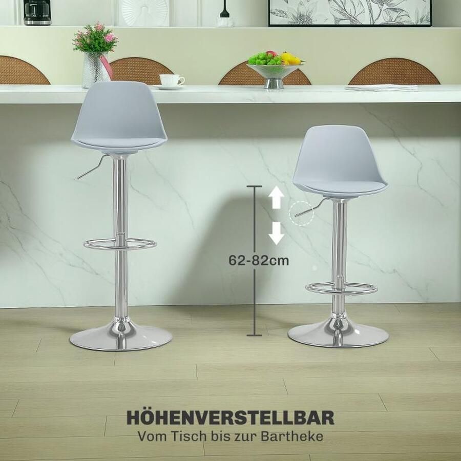 Corenia Barstoel – Barkruk – Barstoel Kruk – Keukenstoel – Barstoelen Set van 2 – Verstelbaar – 360° Draaibaar – Kunstleer – Stalen Frame – Met Rugleuning – Grijs