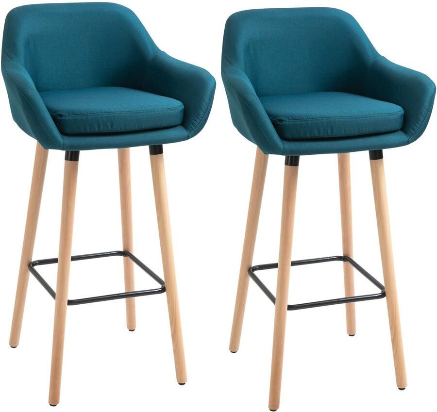Corenia Barstoel – Barkruk – Barstoelen – Keukenstoel – Barkrukken set van 2 – Scandinavisch Design – Houten Poot – Blauw Linnen – Met Voetsteun en Armleuning – Anti-Slip Pads – Robuust Metalen Frame