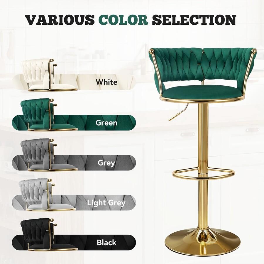 Corenia Barstoel – Barkruk – Barstoelen – Keukenstoel – Barkrukken – Verstelbare Hoogte – 360° Draaibaar – Smaragdgroene Fluwelen Bekleding – Gouden Metalen Frame