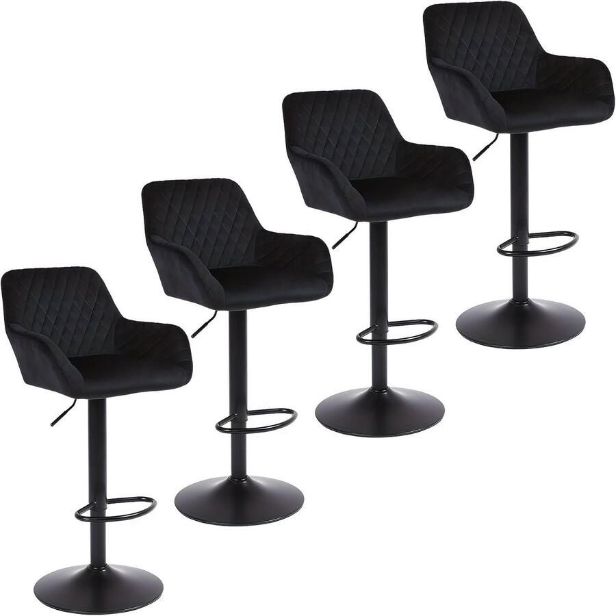 Corenia Barstoel – Barkruk – Barstoelen – Keukenstoel – Bistrostoel – In hoogte verstelbaar – 360° Draaibaar – Swan Velvet – Set van 4 – Rugleuning en Armleuning – Zwart – Draagkracht 150 kg