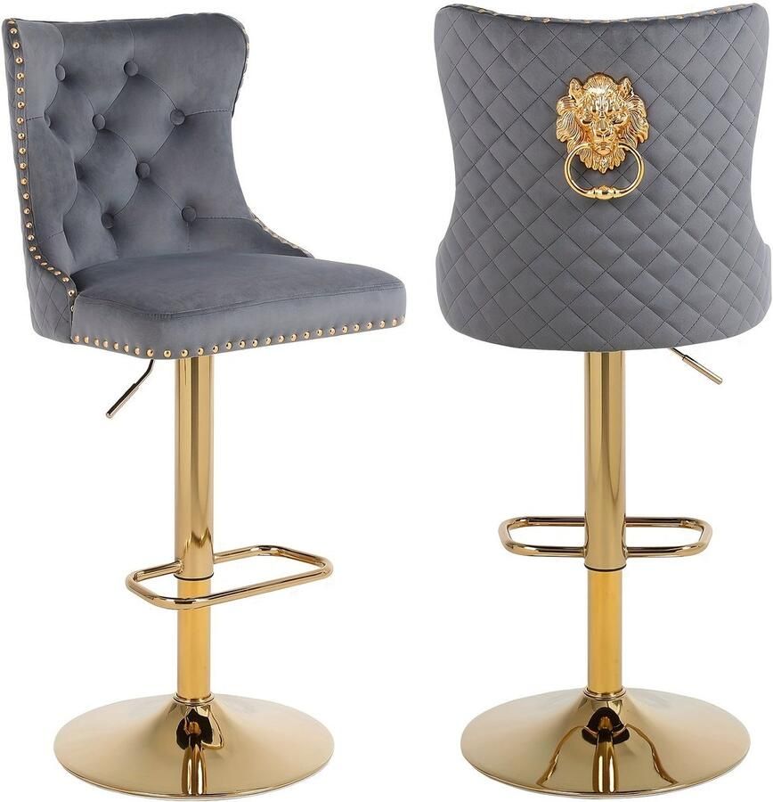 Corenia Barstoel – Barkruk – Keukenstoel – Bartoel – Barkrukset – Donkergrijs – Verstelbare Zithoogte – 360° Draaibaar – Fluwelen Bekleding – Gouden Metaal Frame