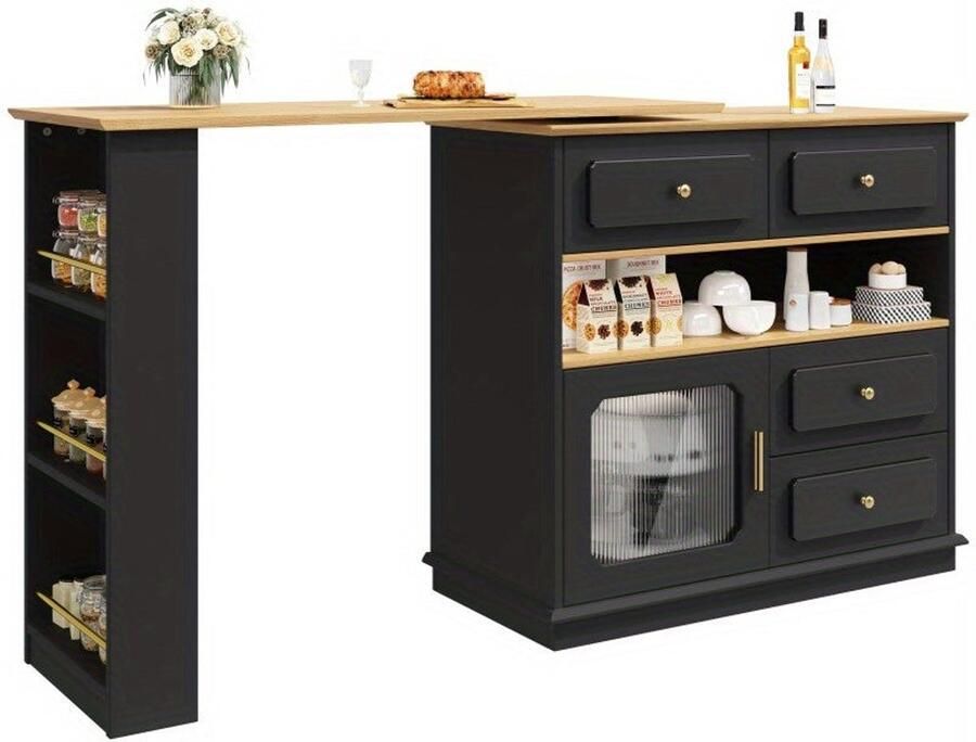 Corenia Bartafel – Statafel – Barmeubel – Keukentafel – Eettafel – Uitschuifbaar 125-181 cm – 360° Draaibaar – Metaal & MDF – Met Opbergruimte – Zwart – Voor Horeca & Thuis