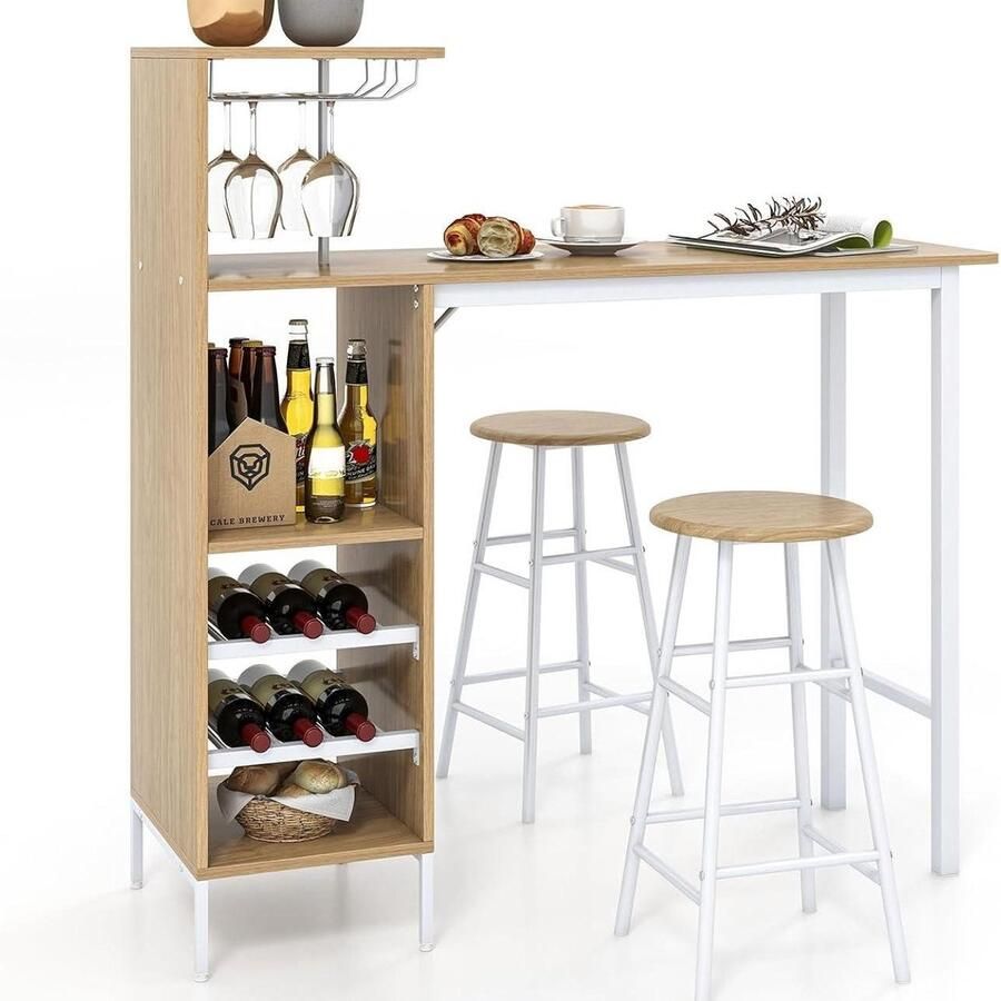Corenia Bartafelset – Barkrukken – Barset – Keukentafel – Bistroset – Met Wijnrek en Glazenhouder – Compact Natuurlijke Kleur – MDF Tafelblad Met Metalen Frame