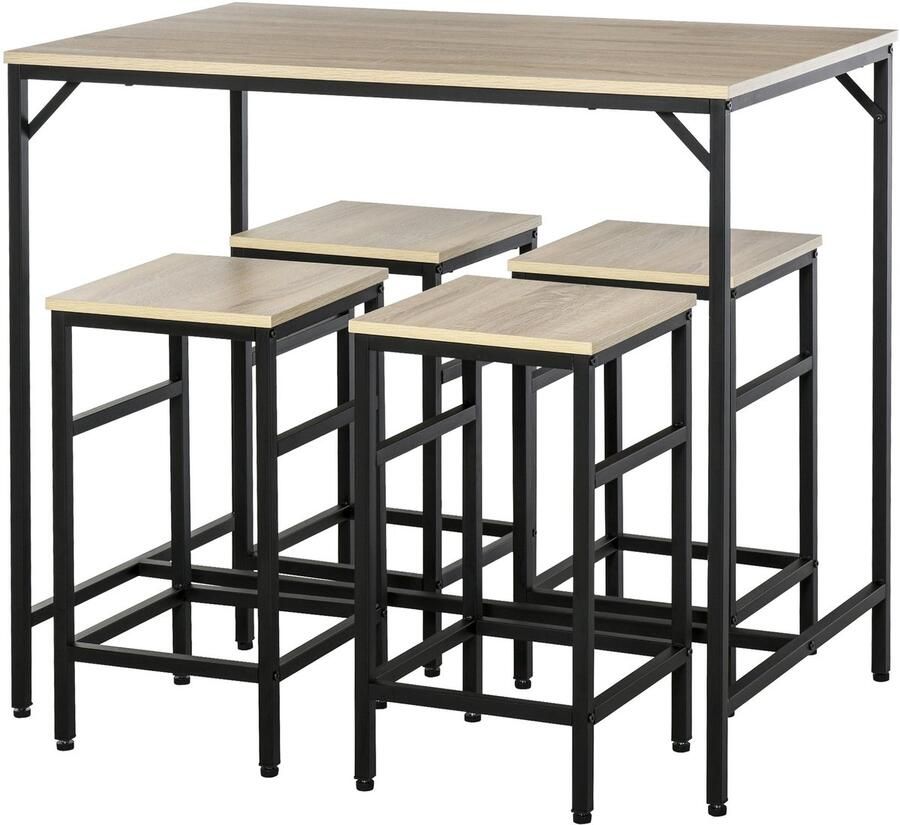 Corenia Bartafelset – Barkrukken – Eettafelset – Bistoeltafel – Keukentafel – 5-delig – Industrieel Design – Melamine Tafelblad – Zwart Stalen Frame – Compact 100x60x88 cm