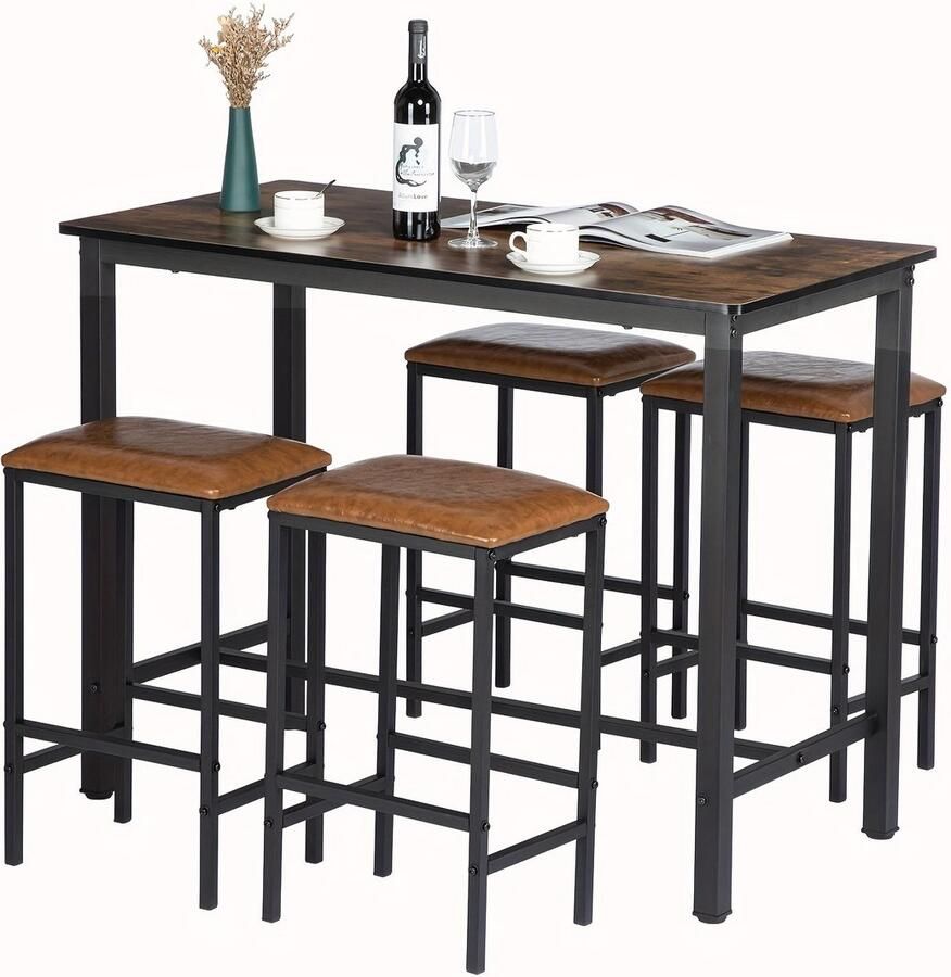 Corenia Bartafelset – Bartafel – Barkrukken Set – Eettafel – Keukentafel – Industrieel Design – MDF Hardhoutlook – Zwart Gietijzer Onderstel