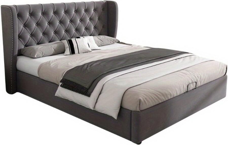 Corenia Bedbank – Slaapbank – Bedframe – Opbergbed – Logeerbed – Hydraulisch Opbergbed – Lattenbodem – 140x190 cm – Modern Grijs