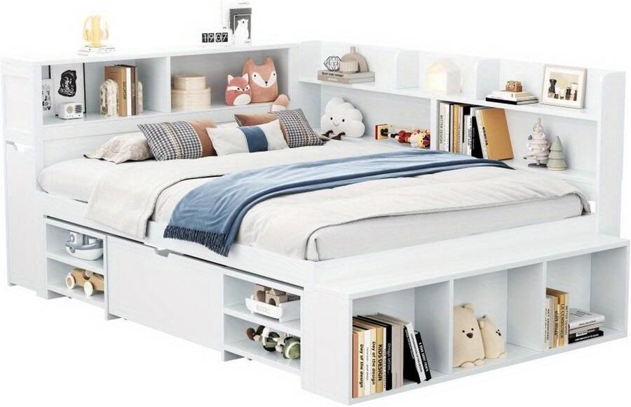 Corenia Bedbank – Slaapbank – Logeerbed – Eenpersoonsbed – Multifunctioneel – Ruime Opbergladen – Boekenplank – Lattenbodem – 140x200 cm – Wit