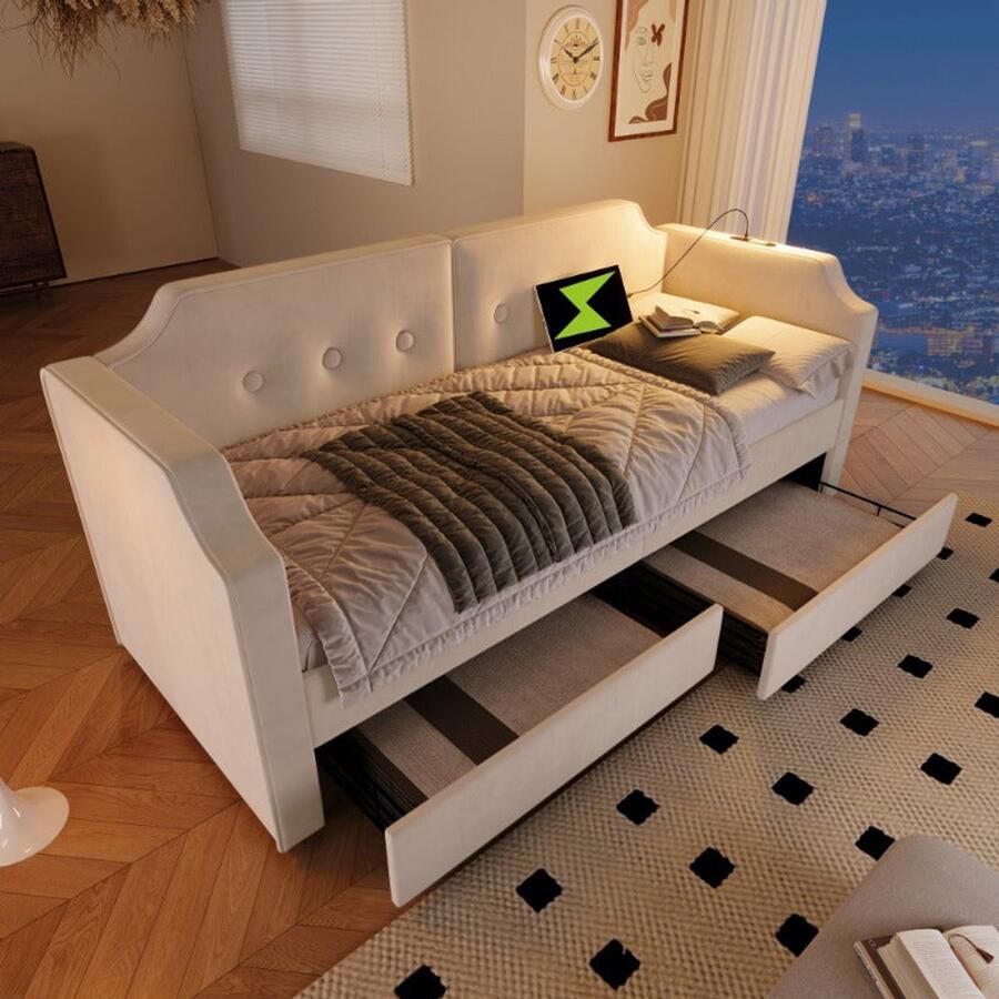 Corenia Bedbank – Slaapbank – Sofa Bed – Logeerbed – Zetelbed – 90x200 cm – Ingebouwde Leeslamp – 2 Opbergladen