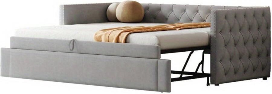 Corenia Bedbank – Slaapbank – Uitschuifbed – Logeerbed – Multifunctioneel Bed – Gestoffeerd Fluweel – 90x200 cm – Huidvriendelijk & Stevig Metalen Frame Grijs